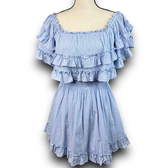 Indikah Off Shoulder Ruffle Mini Dress Smocked Waist Lined Light Blue Size XS - Picture 8 of 8